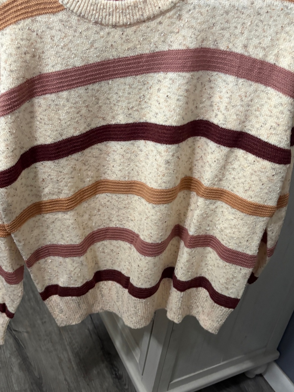 Cream Striped Crewneck Sweater with Rose, Burgundy and Mustard Stripes